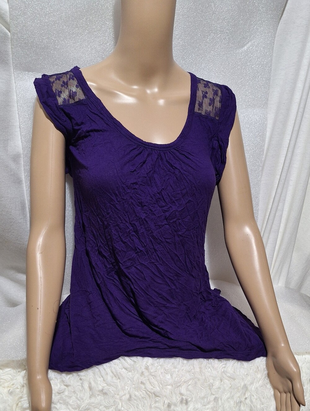 Purple Lace-Shoulder Scoop Neck Women's Top